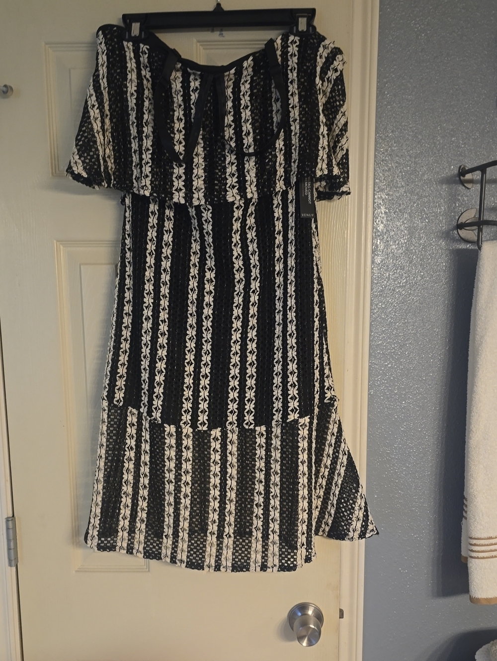 VENUS Black and Beige Striped Off-Shoulder Midi Dress